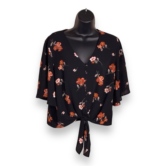 SMALL LUSH BLACK PINK FLORAL SHORT SLEEVE BLOUSE KNOT TIE ACCENT STRETCH  VNECK - Picture 1 of 12